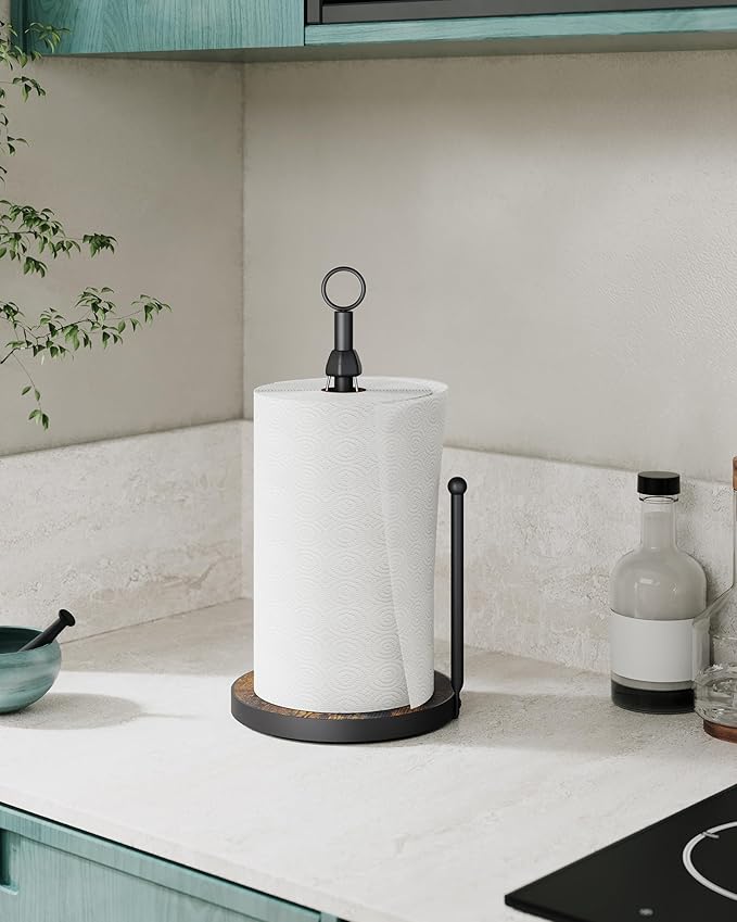OROPY One-Hand Tear Paper Towel Holder Countertop, Farmhouse Wood Paper Towel Roll Holder with Ratchet Mechanism and Suction Cups fits Standard and Jumbo Size Paper Towels