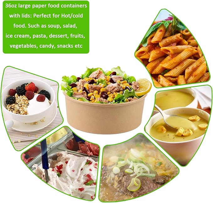 Belinlen 36oz 50 Sets Large Kraft Paper Bowls with Lids, Disposable Bowls with Lids, Paper Salad Bowls, Paper Food Container with Lid Perfect for Hot/Cold Food, Soup, Salad, Ice Cream
