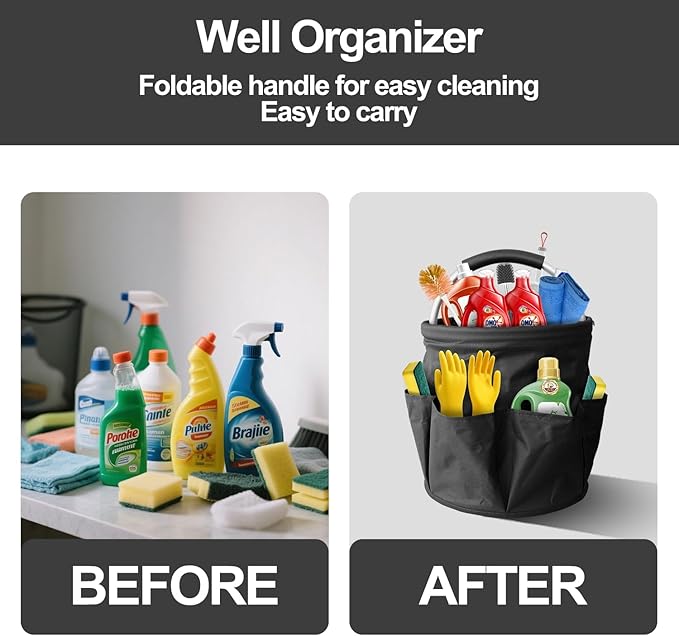 Foldable cleaning caddy basket & Portable cleaning caddy Bucket Cleaning Organizer with Handle and 6 Pockets cubetas para limpieza for Home Garden Camping Storage (Black)