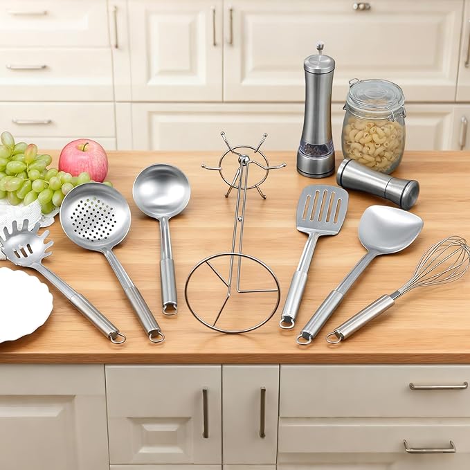 Gymdin Stainless Steel Kitchen Cooking Utensils Set of 7 - Kitchen Utensils with Hanging Rack, Spatula, Slotted Turner, Soup Ladle, Slotted Spoon, Whisk, Pasta Server, Holder, Dishwasher Safe