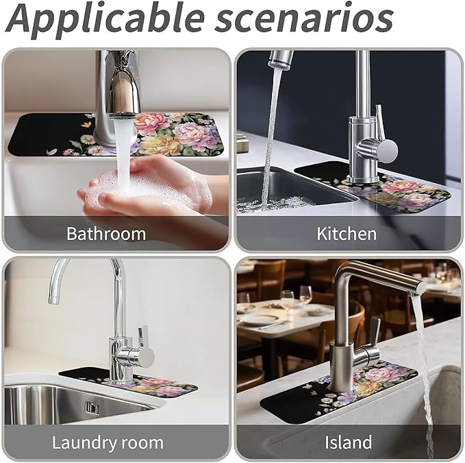 Kitchen Sink Splash Guard,Beautiful watercolor flowers Faucet Mat Sink Gadgets-Super Absorbent Fast Drying Mat Drip Catcher for Kitchen, Bathroom,Sink Mat, Dish Drying Mat, Bathroom(15" X 5.5" )