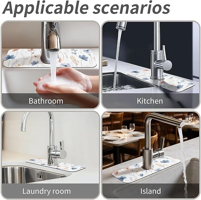 Kitchen Sink Splash Guard,Dreamy Wildflower Faucet Mat Sink Gadgets-Super Absorbent Fast Drying Mat Drip Catcher for Kitchen, Bathroom,Sink Mat, Dish Drying Mat, Bathroom(15" X 5.5" )