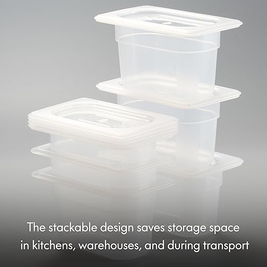 CURTA 6-Pack 1/9 Size 4" Deep Food Pan with Handled Lid – NSF Listed Commercial-Grade Translucent Polypropylene, Stackable Freezer-safe Storage for Restaurants, Catering & Buffets