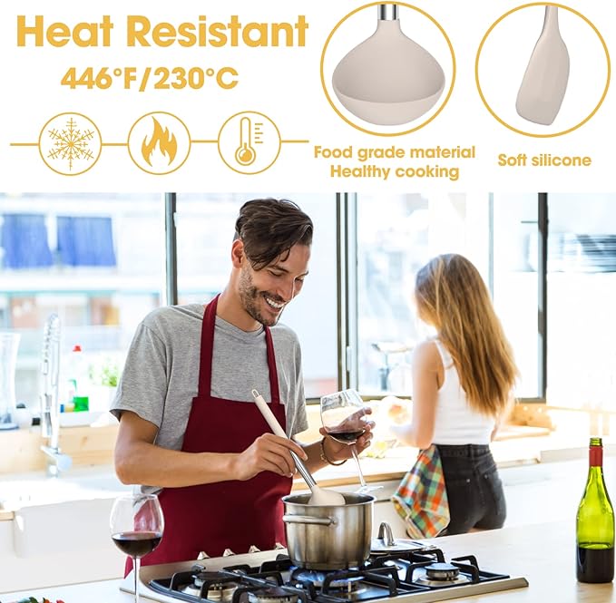 Silicone Cooking Utensil Set, Fungun Non-stick Kitchen Utensil 24 Pcs Cooking Utensils Set, Heat Resistant Cookware, Silicone Kitchen Tools Gift with Stainless Steel Handle (Khaki-24pcs) …