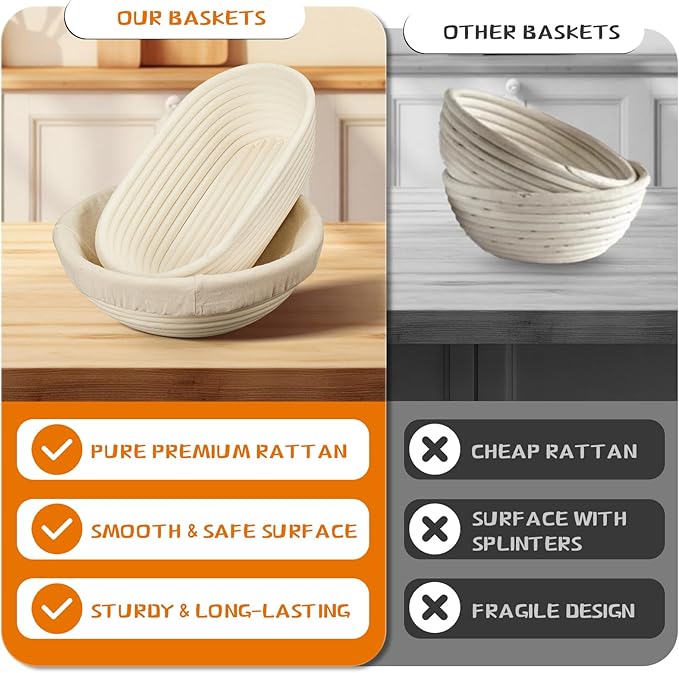 Dimpola Banneton Bread Proofing Basket Banneton Basket Set Sourdough Proofing Basket Round Proofing Bowls Handmade Rattan Baskets and Liners (Oval of 2 Gift Set)