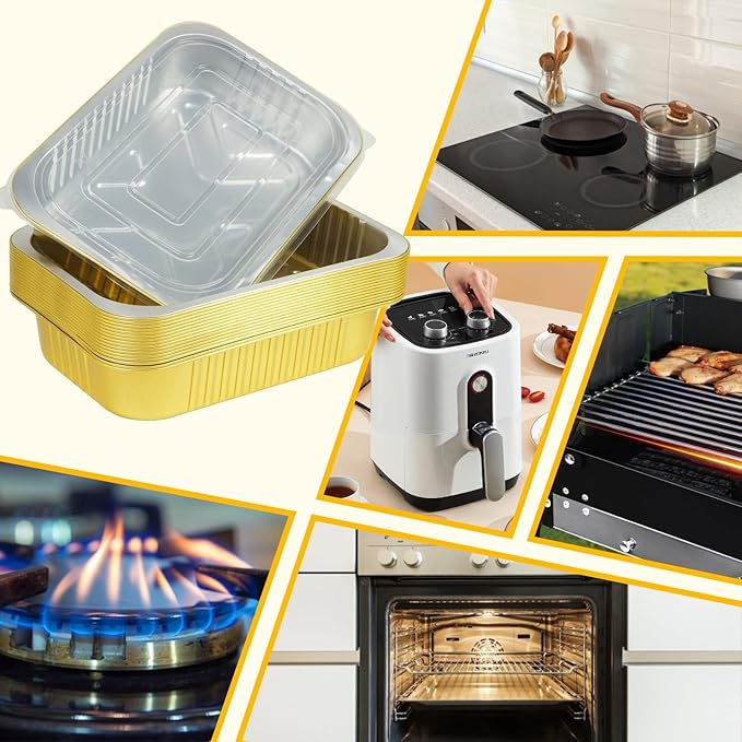 Fothwart 20 Pack 5 LB 11"×8"×2" Gold Aluminum Foil Pans with Lids Heavy Duty, Foil Food Containers with Lids, Disposable Tin Foil Pans for Meal Prep, Freezer, Heating and Takeout