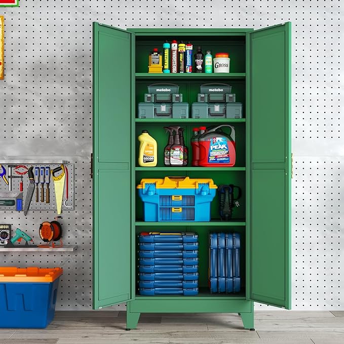 erosoei 75.2”H Metal Kitchen Pantry Storage Cabinet, Storage Cabinets with Adjustable Feet and Shelves,Food Pantries Cupboard for Kitchen, Living Room, Laundry Room and Dinning Room(Green)