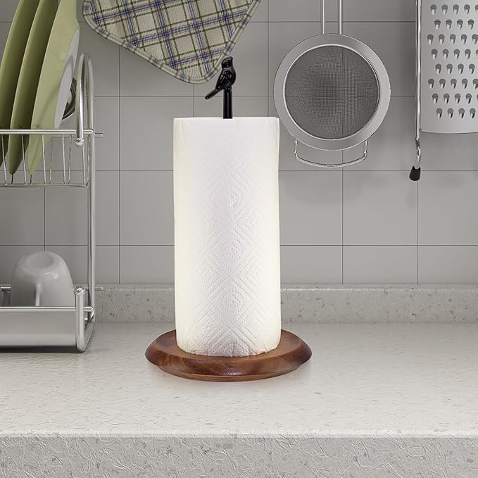 Paper Towel Holder for Countertop, Bird Shaped Farmhouse Kitchen Paper Roll Stand with Solid Wood Base & Iron Rod, Vintage Black Finish & Non-Slip Pad, Stable Holder for Kitchen Decor& Dining Table