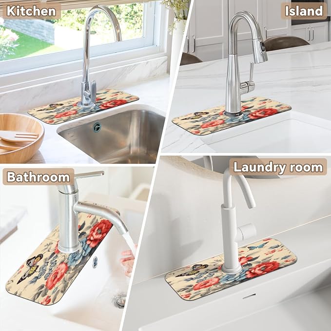 Vintage Floral Butterfly Kitchen Faucet Mat Splash Guard, 15.4”x5.7” Absorbent Quick Drying Sink Mat for Countertop Protection, Draining Mat Sink Protectors For Kitchen Bathroom, 2 Pack