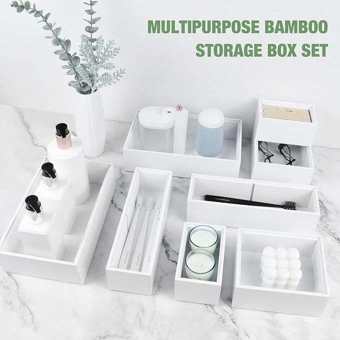 Bxngjuj Bamboo Drawer Organizer Set, 8 PCS Multi-Use Wood Drawer Storage Boxes, Junk Drawer Organizer Divider Bins for Kitchen, Bathroom, Office Desk, Makeup, Jewelry, Utensils