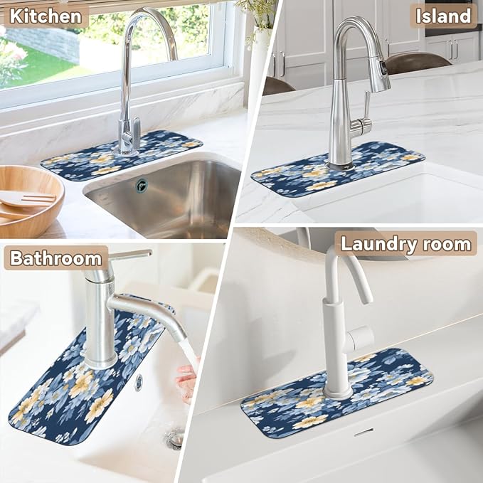 Deep Blue Floral Kitchen Faucet Mat Splash Guard, 15.4”x5.7” Absorbent Quick Drying Sink Mat for Countertop Protection, Draining Mat Sink Protectors For Kitchen Bathroom, 1 Pack