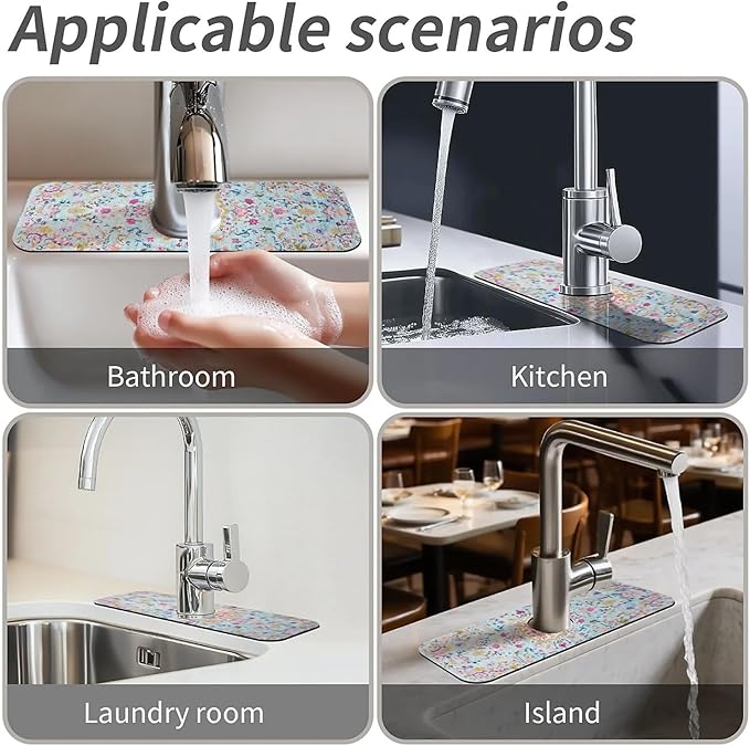 Kitchen Sink Splash Guard,Bohemian style flowers Faucet Mat Sink Gadgets-Super Absorbent Fast Drying Mat Drip Catcher for Kitchen, Bathroom,Sink Mat, Dish Drying Mat, Bathroom(15" X 5.5" )