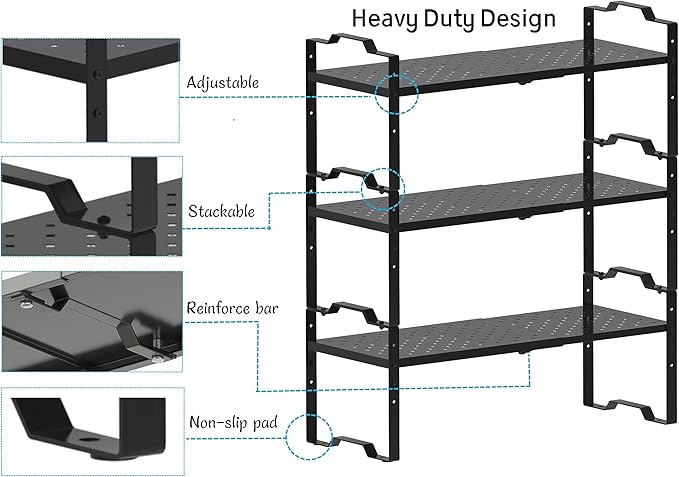 Jojocross Expandable Shelf Cabinet Organizer Adjustable Stackable Spice Rack at Kitchen Bathroom More, Countertop Cupboard Organization Pantry Storage,Metal Plate with Hole (3 Packs/Black, L)