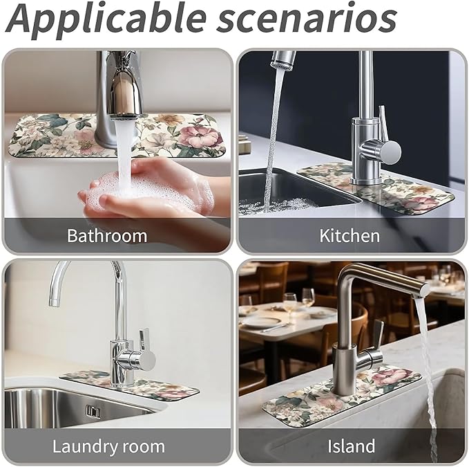 Kitchen Sink Splash Guard,Vintage botanical Faucet Mat Sink Gadgets-Super Absorbent Fast Drying Mat Drip Catcher for Kitchen, Bathroom,Sink Mat, Dish Drying Mat, Bathroom(15" X 5.5" )
