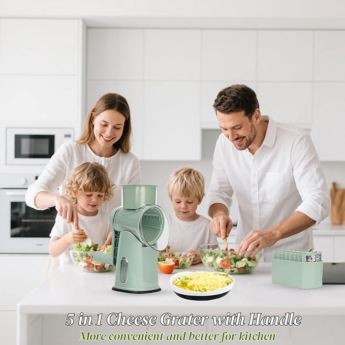CHDEXU Rotary Cheese Grater with Handle, Manual Vegetable Slicer Grater with 5 Detachable Stainless Steel Blades, Round Grater Slicer Hand Crank Food Chopper for Kitchen with Blade Storage Box