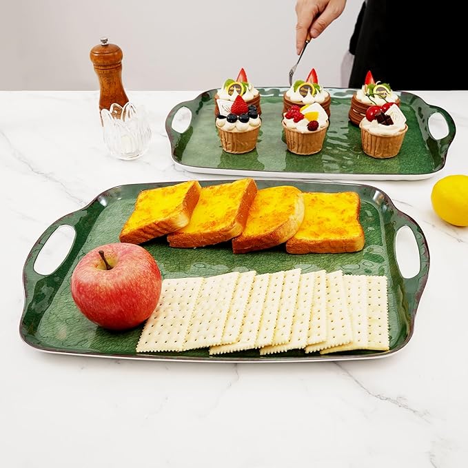 TP Large Serving Trays with Handles, 19" x 12" Melamine Serving Platters for Food, Turkey, Set of 2 Rectangular Trays for Party, Retro Green