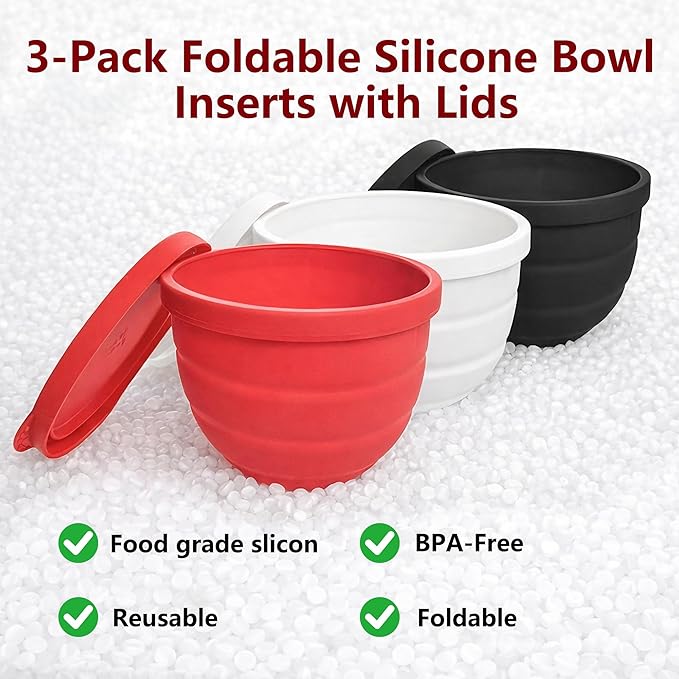 3Pcs Foldable Silicone Bowl Liners for KitchenAid Tilt-Head 5QT Mixer,Mixing Bowls Insert with Lids,Dishwasher-Safe Food-Grade for Stand Mixer Accessories and Attachments(Red,White and Black)