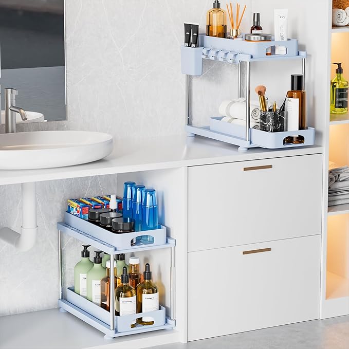 VERIFOST Under Sink Organizer (2 Pack), 2 Tier Under Sink Organizer, Adjustable Height Cabinet Organizer and Storage, in Blue