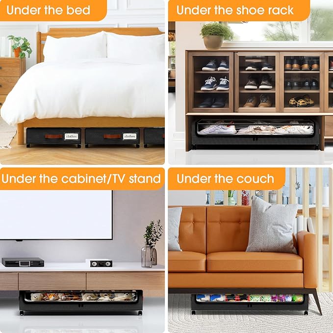 Under Bed Storage with Wheels 2Pack Storage Containers with Clear Window&Label Under Bed Drawers Rolling Under Bed Storage for Clothes,Shoes, Blankets (30.71 x 16.93 x 6.69 in, Black)