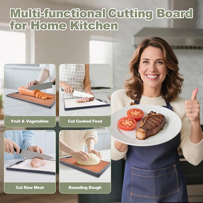 Titanium Cutting Boards for Kitchen, 2-in-1 Double-Sided Wood Cutting Board with Juice Groove, Food-Grade GR1 Titanium & Ebony, Easy to Clean and Dishwasher Safe for Meat & Veggies
