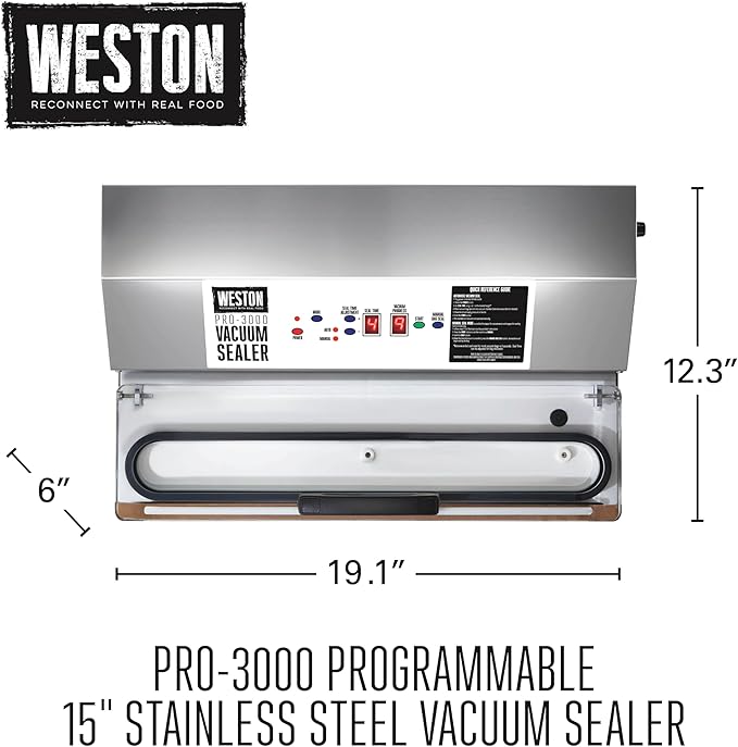 Weston Brands Vacuum Sealer Machine for Food Preservation & Sous Vide, Extra-Wide 5mm Bar for Sealing Bags up to 15" Wide, 1020 Watts, Programmable, Pro-3000, Stainless Steel (65-0420-W)