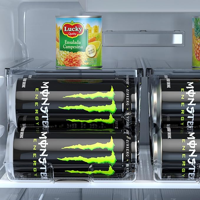 Soda Can Organizer for Refrigerator for Tall Cans of 16oz & 17oz, Stackable Beverage Cans Container Holder Dispenser with Lid for Fridge Pantry Rack Freezer (One Pack)