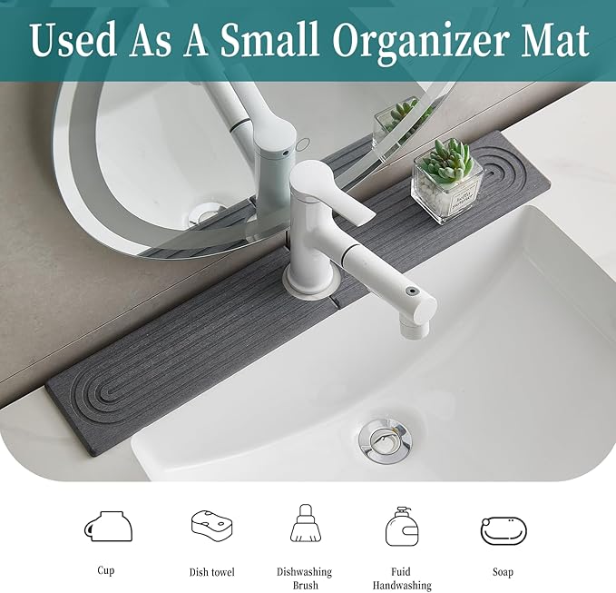 23.6 Inch Water-Absorbing Stone Faucet Mat for Kitchen Sink Bathroom Counter,Dark Grey Diatomite Drying Stone Mat, Sink Stone Tray Protector,Prevent Moisture Sink Splash Guard
