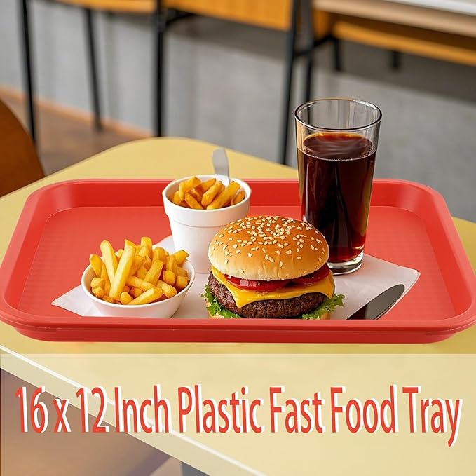 ZOENHOU 6 Pack 16 x 12 Inch Plastic Fast Food Tray,Rectangular Plastic Cafeteria Trays Serving Trays for Serving Food, Orange