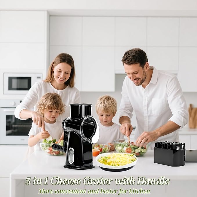 CHDEXU Rotary Cheese Grater with Handle, Manual Vegetable Slicer Grater with 5 Detachable Stainless Steel Blades, Round Grater Slicer Hand Crank Food Chopper for Kitchen with Blade Storage Box