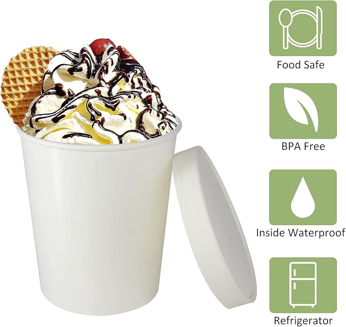 Belinlen 30 Sets 32 oz Paper Ice Cream Cups with Lids, Paper Food Containers With Vented Lids, To Go Hot Soup Bowls For Restaurants, Take Outs, or To-Go Lunch