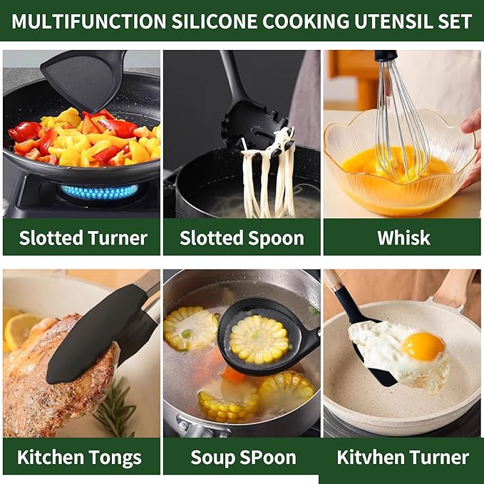 Jiufei Home Silicone Cooking Utensils Set, Kitchen Utensils Set 13 Pcs for cooking, BPA Free Spatula Set with Heat Resistant Wood Handles for Nonstick Cookware (Black)