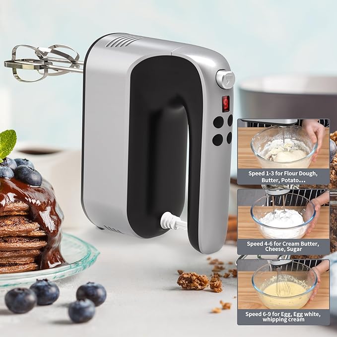 Yomelo 9-Speed Digital Hand Mixer Electric, 400W Powerful DC Motor, Hand Mixer Electric Handheld with Snap-On Storage Case, 5 Stainless Steel Accessories, Beaters, Dough Hooks, Whisk(Silvery Black)