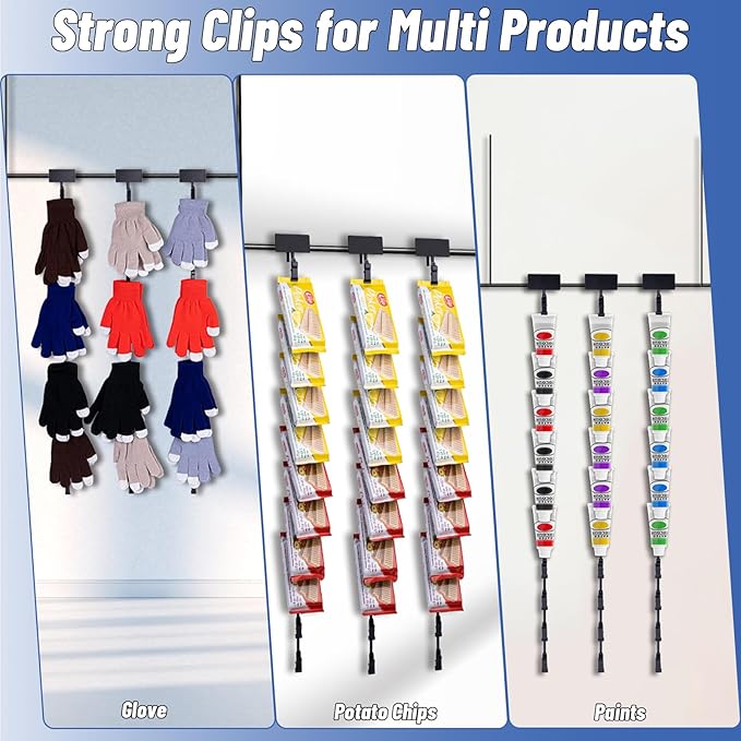 9Pcs Hanging Merchandise Strips with Hooks, 31 inch Metal Retail Display Rack with Label Header, Chip Rack for Potato Chips, Snack, Party, Collection