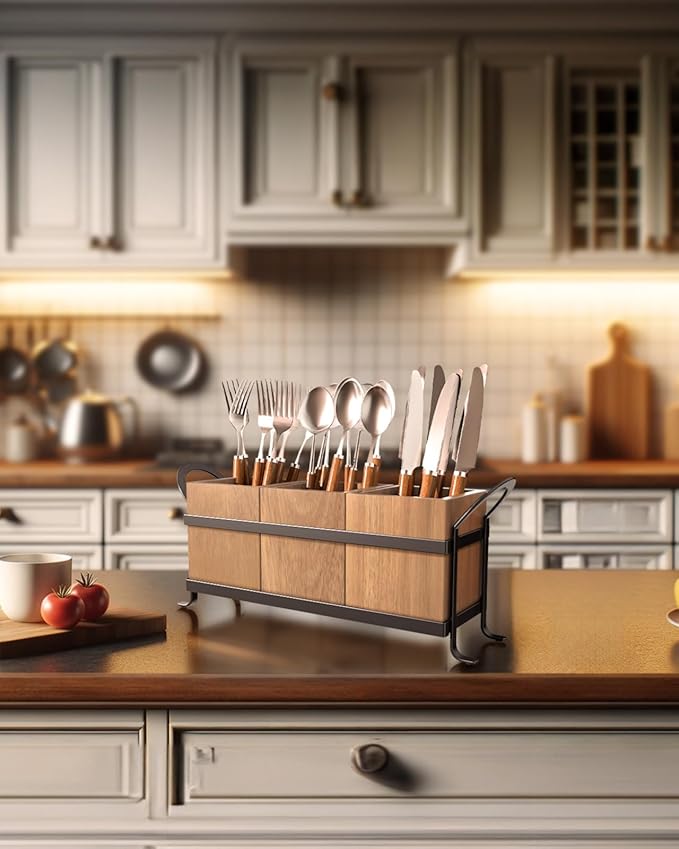 GaryVault Utensil Holder for Party - Silverware Caddy with Three Compartments, Detachable, Portable Handle, Stylish Cutlery Holder for Countertop and Outdoor Use