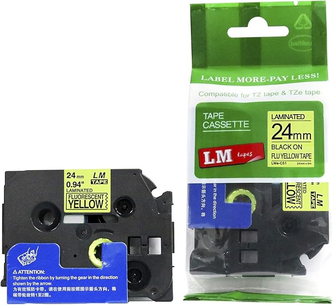 6/Pack LM Tapes - LMe-C51 Premium 1" Black Print on Bright Yellow Label Compatible with Brother TZe-C51 P-Touch and Includes Tape Color/Size Guide. Replaces TZC51 24mm 0.94 Laminated