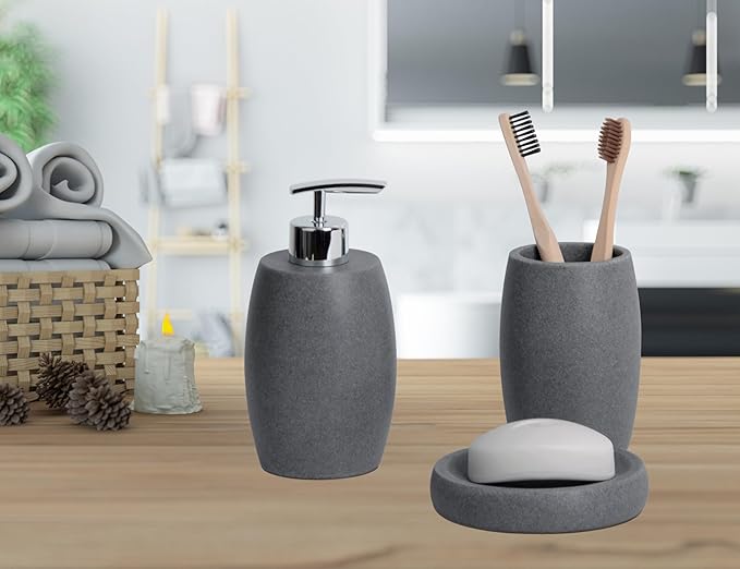 Grey Bathroom Accessories Set 3 PC, Resin Sandstone Look Soap Dispenser, Toothbrush Cup, Soap Dish, Bathroom Soap Dispenser Set for Home Decor and Kitchen