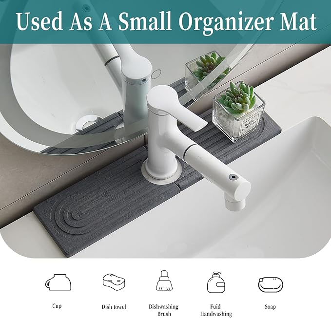 Stone Faucet Mat for Kitchen Sink Bathroom Counter. 15.7 Inch Dark Grey Diatomite Water-Absorbing Drying Stone Mat, Sink Stone Tray Protector,Prevent Moisture Sink Splash Guard