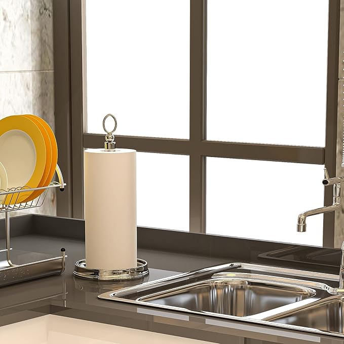 KASUNTO Paper Towel Holder With Heavy Weighted Base - Steel Countertop Stand for Kitchen, Bars & Dining Tables - Fits Standard & Jumbo Rolls - Brushed Nickel