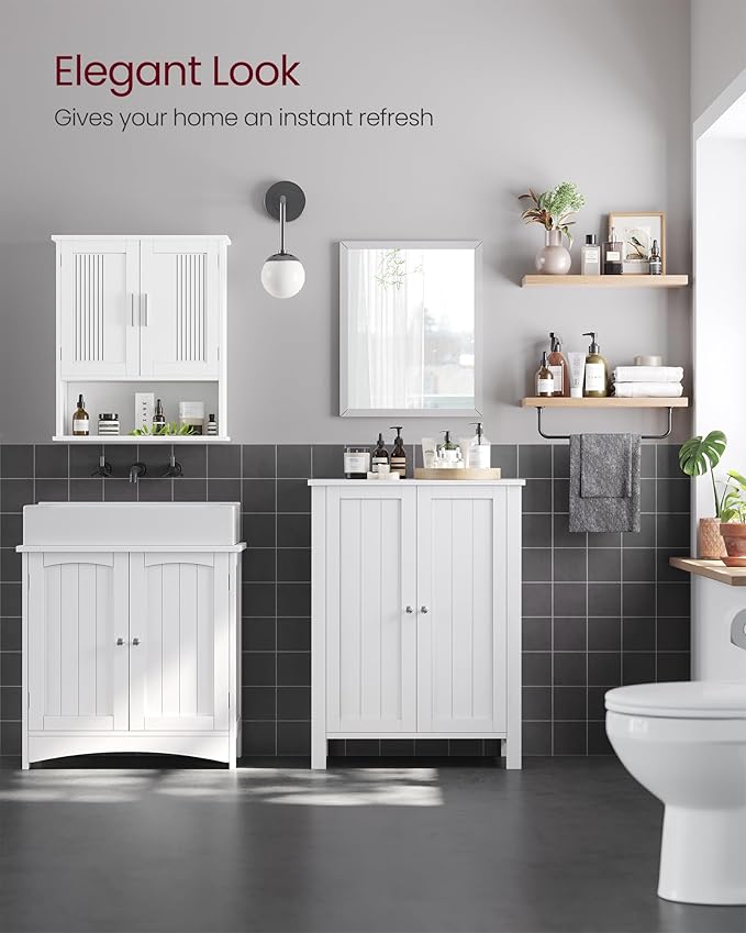 VASAGLE Floor Storage Cabinet, Freestanding Storage Unit with 2 Adjustable Shelves, for Bathroom Living Room Dining Kitchen, 11.8 x 23.6 x 31.5 Inches, White UBCB60W