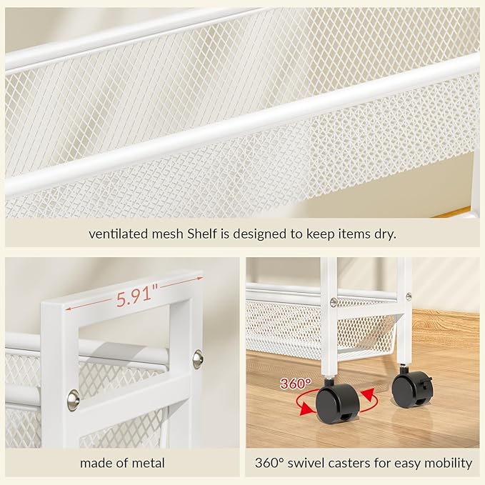 6 Tier Slim Storage Cart, Narrow Cart with Wheels, Metal Mobile Shelving Unit Organizer for Bathroom, Kitchen, Laundry Room, Living Room & Narrow Spaces, White, 6in(W)