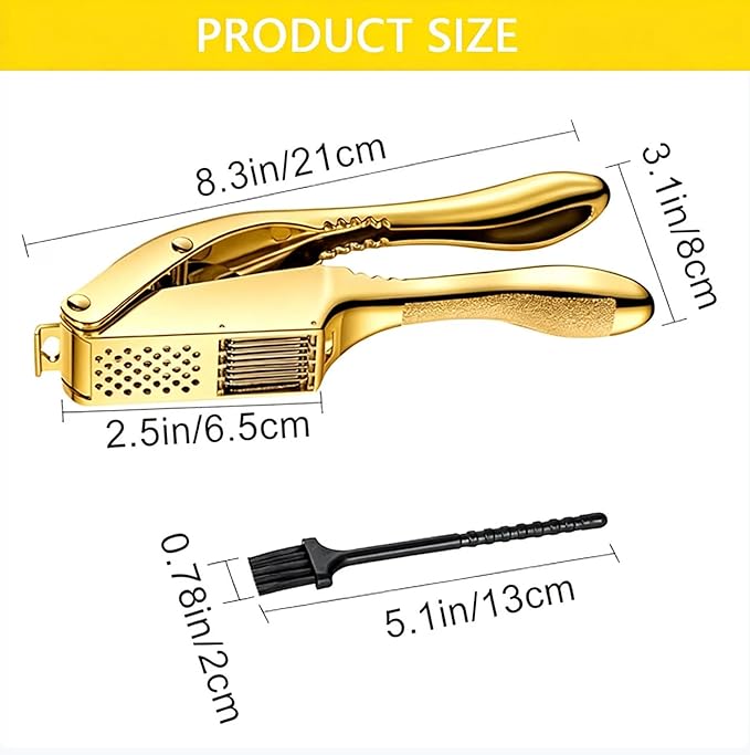 Garlic Press and Slicer 2 in 1, Rust Proof & Dishwasher Safe Professional Garlic Mincer Tool, Effortlessly Crush and Mince Garlic with this Ergonomic Handle-Garlic Slicer & Brush ANCQMI(Gold)