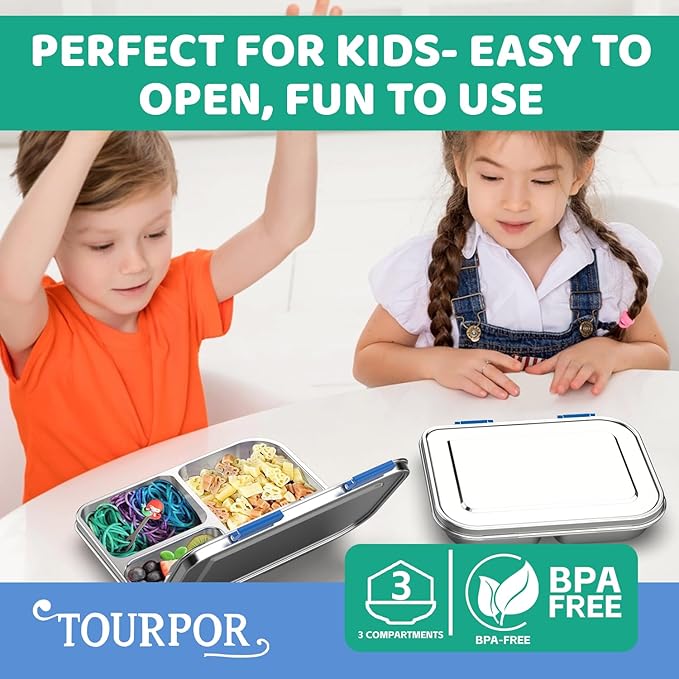 Stainless Steel Bento Box for Kids 1000ml - 3 Compartment Lunch Box for Adults, Leakproof Food Container, BPA-Free Metal Lunch Box with Silicone Seal, Eco-Friendly/Dishwasher Safe (Blue)