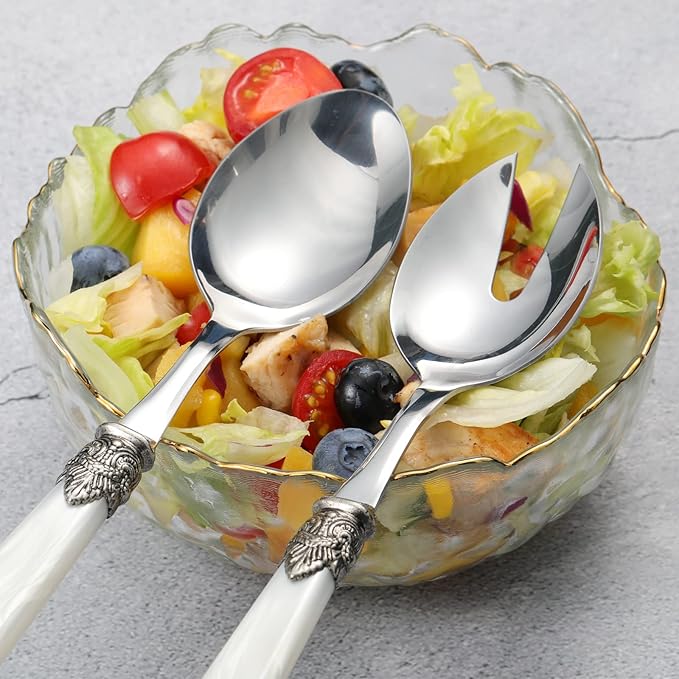 CATHYLIN 2-piece Salad Servers Stainless Steel Salad Serving Set Salad Fork and Spoon (White)