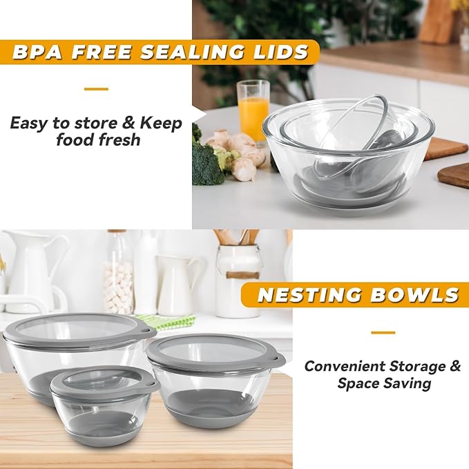 Mrs. Chou Glass Mixing Bowls HEAVY DUTY Top Choice for High-end Kitchens Extra-thick Glass Mixing Bowl Set of 3 with BPA-Free Airtight Lids Large Nesting Bowls with Non-Slip Silicone Base Well-made