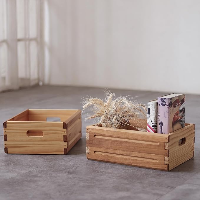KLZLQ-XINCHEN 4 Pack Wooden Storage Bins of 16"x12"x6.25".Durable Open Solid Wood Box w/ Handles.Farmhouse Container Shelf Baskets. Multipurpose Home Décor Organizer Crates for Display,Pantry,Book,CD