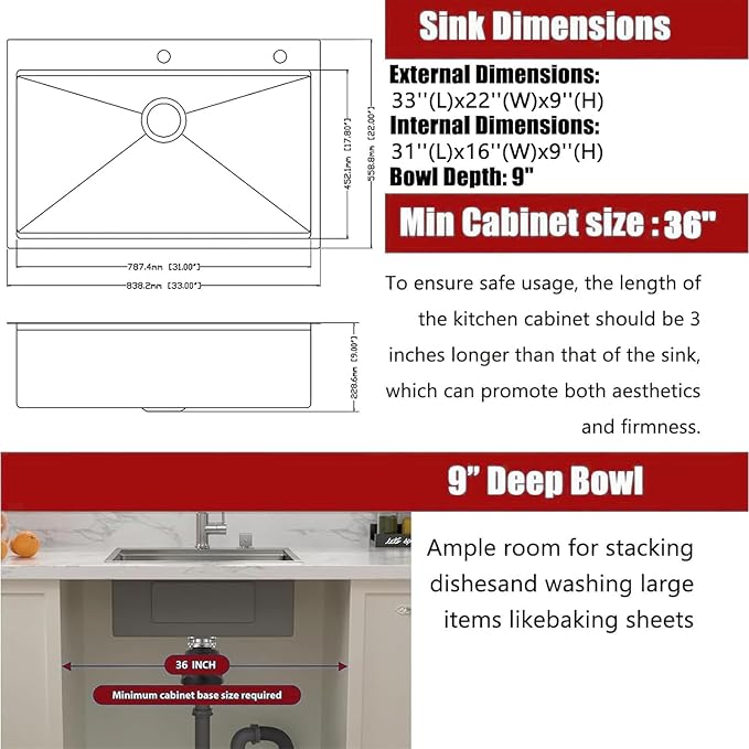 33x22 Drop in Kitchen Sink, 304 Stainless Steel Top Mount Workstation Sink, 16 Gauge Single Bowl Kitchen Sinks with Accessories for Kitchen Laundry Utility