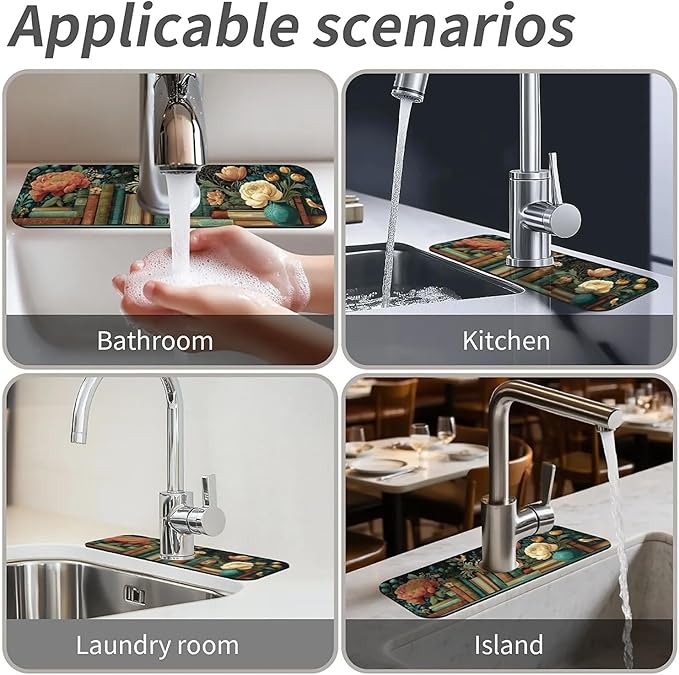 Kitchen Sink Splash Guard,Flowers and Books Faucet Mat Sink Gadgets-Super Absorbent Fast Drying Mat Drip Catcher for Kitchen, Bathroom,Sink Mat, Dish Drying Mat, Bathroom(15" X 5.5" )