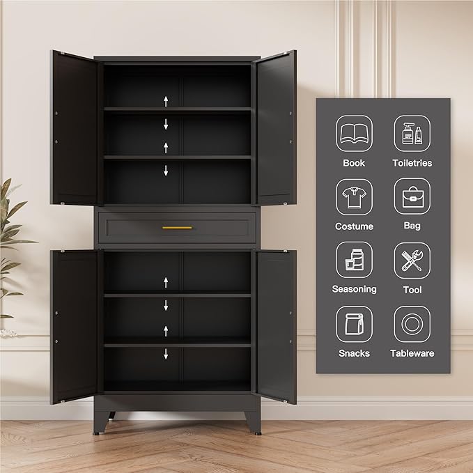 LCAOPC 71" Tall Pantry Storage Cabinet with Drawer and Adjustable Shelves, Freestanding Tall Kitchen Cupboard Storage Cabinet for Kitchen,Dining Room, Living Room, Black