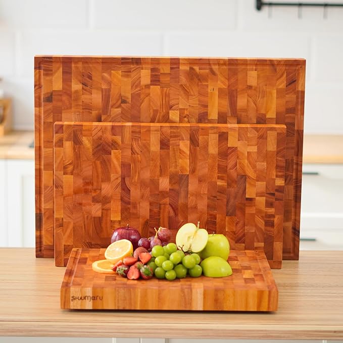 SHUMARU Mahogany End-Grain Wood Cutting Board – 16.5x12.6x1.6" Butcher Block | Handmade in Bali - Silky-Smooth, Juice Groove, Knife‑Friendly, Ergonomic Grips & Non‑Slip Feet