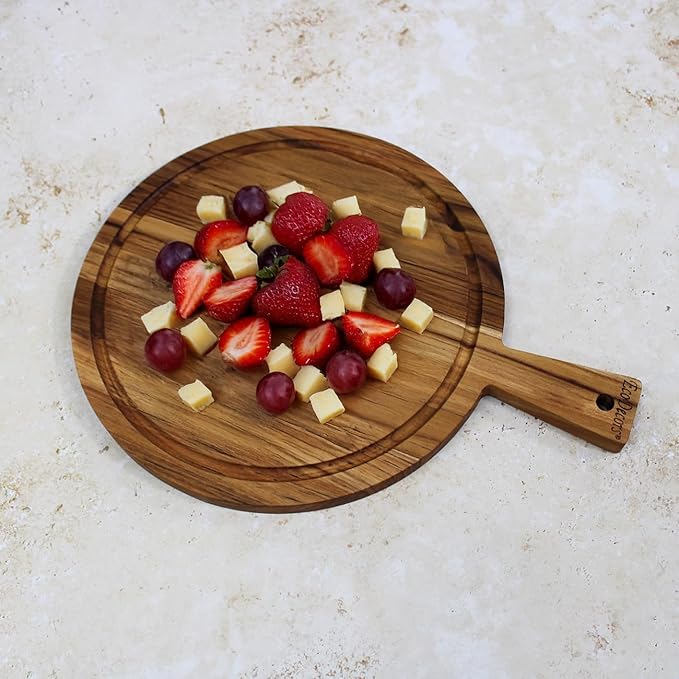 EcoDecors 16" Round Teak Cutting Board with Handle, FSC Certified Solid Wood, Edge Grain with Juice Groove, Carving Board for Meat & Kitchen Use